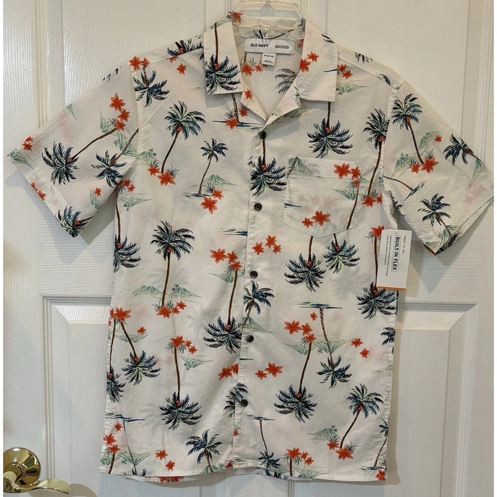NWOT Boys XLarge 14-16 OLD NAVY Button Down Palm Tree Beach Shirt White Cotton